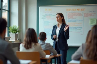 Enseignante expliquant les 5 pas didactiques devant un tableau blanc en salle de classe