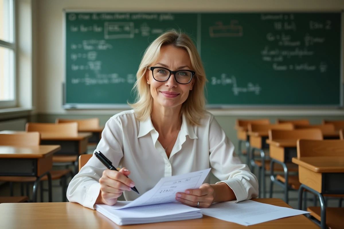 Enseignante corrigeant des copies d'élèves avec une note de 13 sur 20 dans une salle de classe française