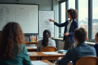 Enseignante expliquant la littératie financière à des adolescents devant un tableau blanc avec des graphiques budgétaires dans une salle de classe moderne