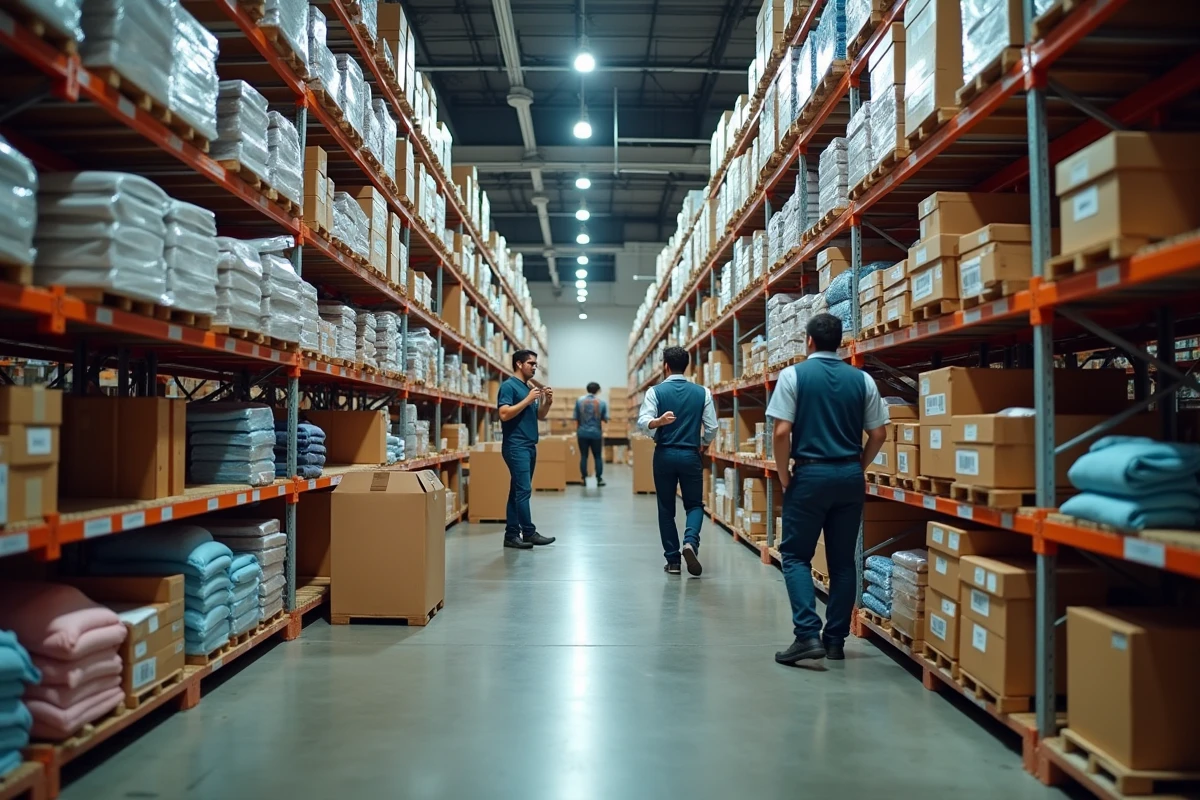 Entrepôt logistique de e-commerce rempli de vêtements emballés et de cartons d'expédition, représentant l'activité mondiale de la marque Shein