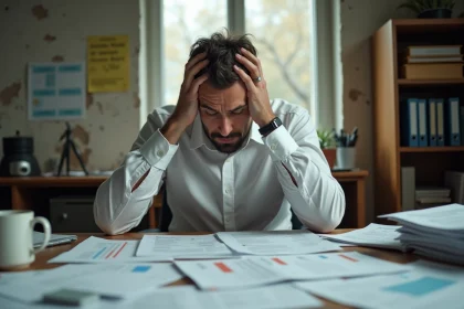 Chef d'entreprise stressé face à des difficultés financières et des factures impayées dans son bureau