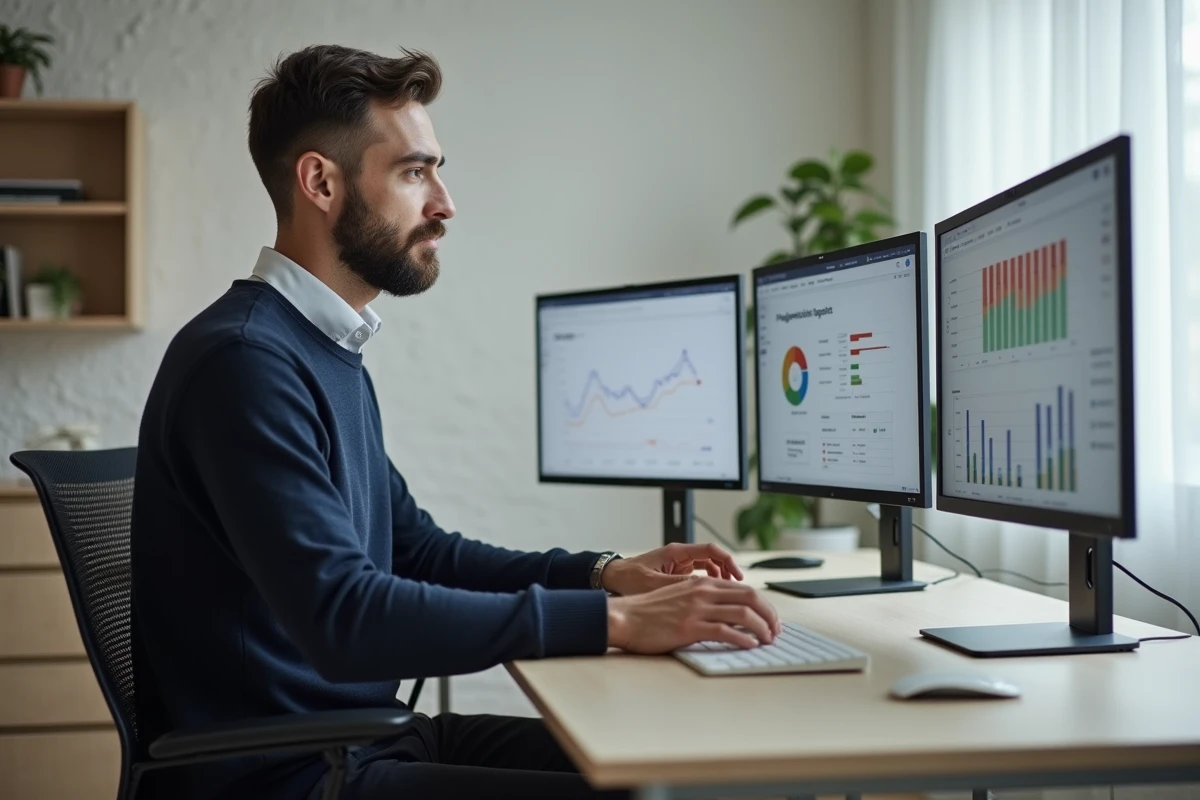 Entrepreneur évaluant un projet innovant sur ordinateur dans un bureau minimaliste à domicile
