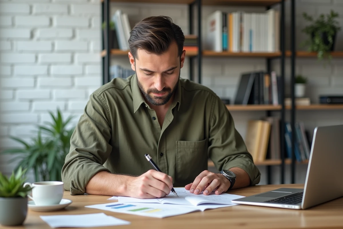 Entrepreneur solitaire esquissant des idées innovantes dans un bureau minimaliste à domicile
