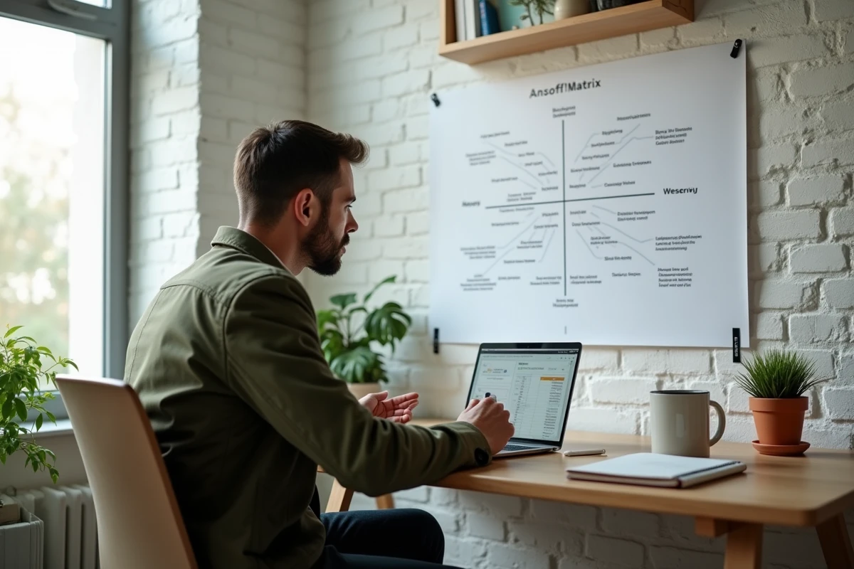 Entrepreneur étudiant la matrice d'Ansoff et les quatre stratégies de développement dans un bureau à domicile