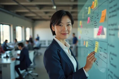 Directrice innovation devant un tableau blanc rempli de notes et de schémas dans un espace de travail moderne et collaboratif