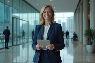 Femme cadre dirigeante dans un hall d'entreprise moderne tenant une tablette avec un réseau mondial, symbolisant l'influence d'une grande entreprise
