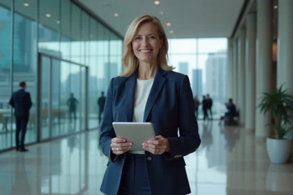 Femme cadre dirigeante dans un hall d'entreprise moderne tenant une tablette avec un réseau mondial, symbolisant l'influence d'une grande entreprise