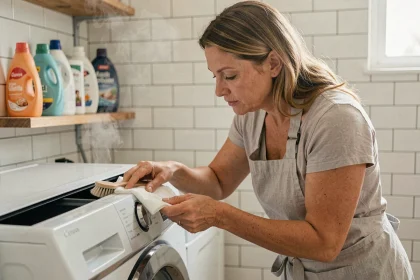 Femme entretenant le joint de sa machine à laver pour prolonger sa durée de vie