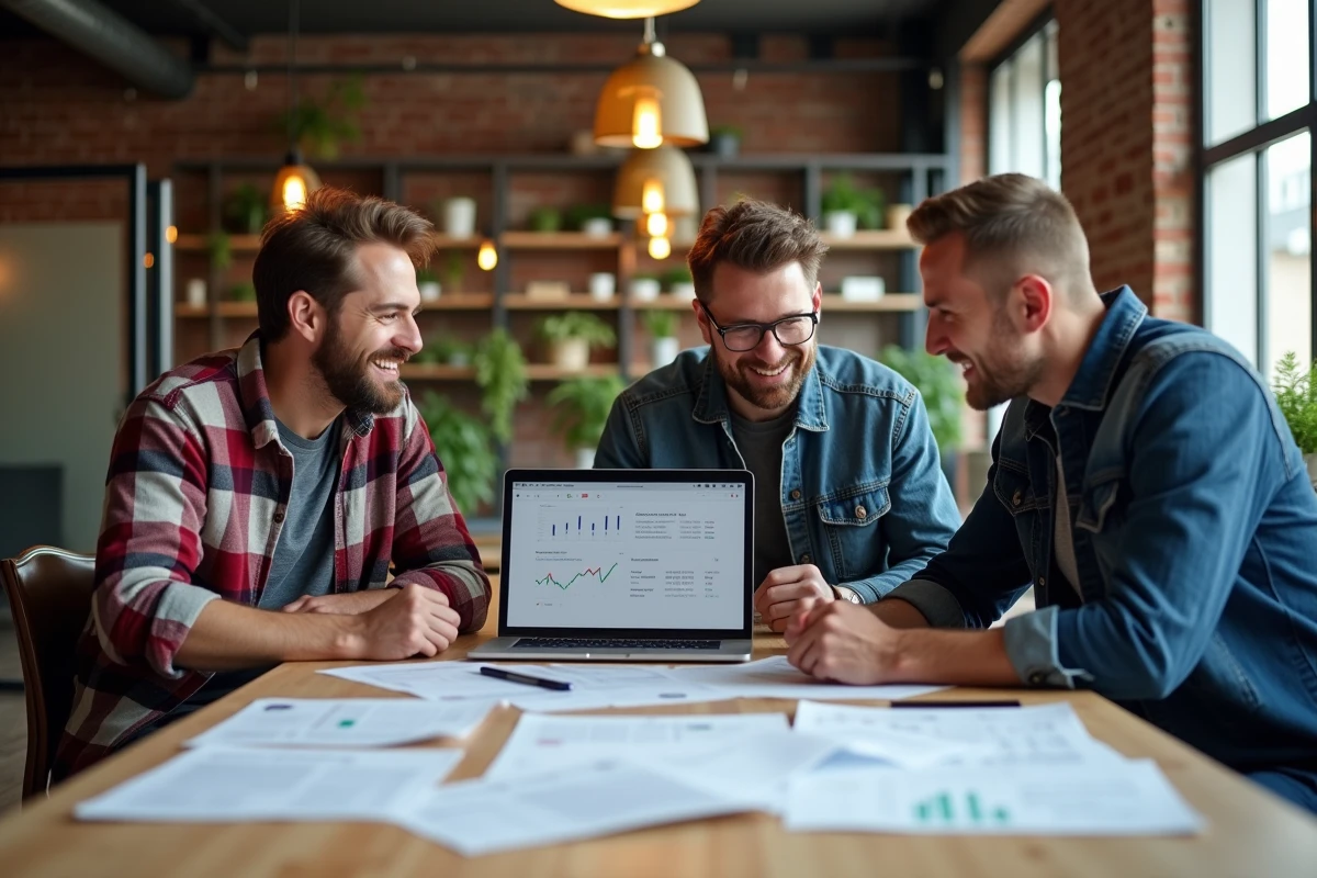 Équipe de professionnels analysant des données et des indicateurs de performance dans un espace de coworking pour évaluer l'innovation d'une entreprise