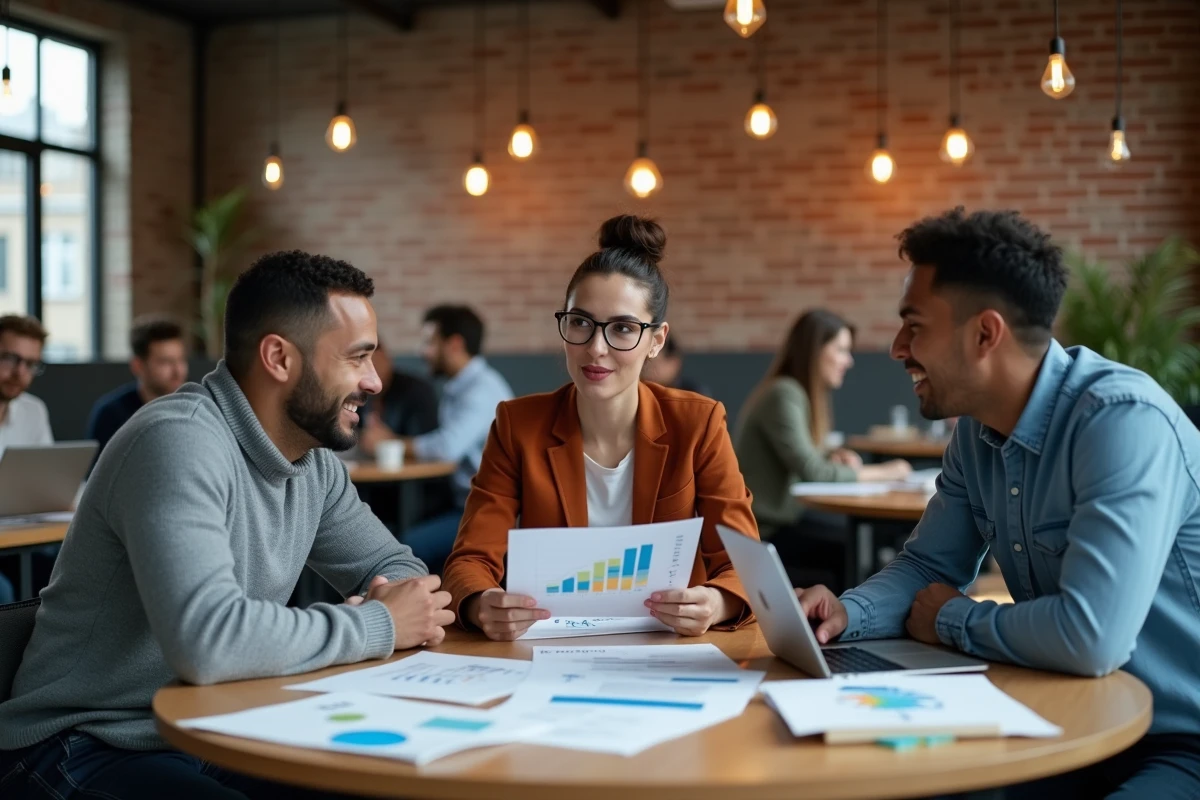 Équipe de professionnels analysant des stratégies de développement d'entreprise autour d'une table dans un bureau moderne