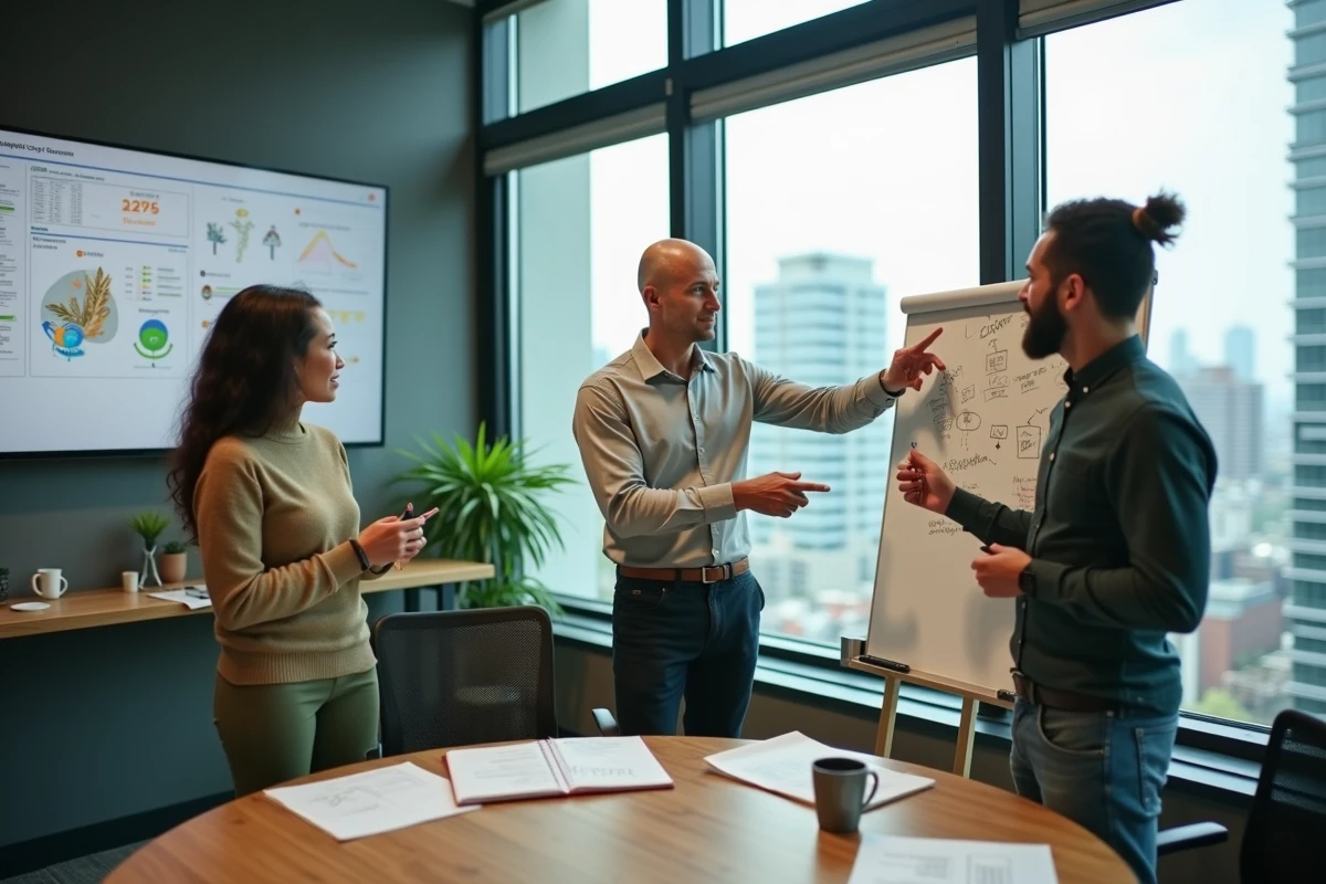 Une équipe multiculturelle collabore activement au tableau blanc, démontrant la créativité et l'intelligence émotionnelle humaines face à l'IA