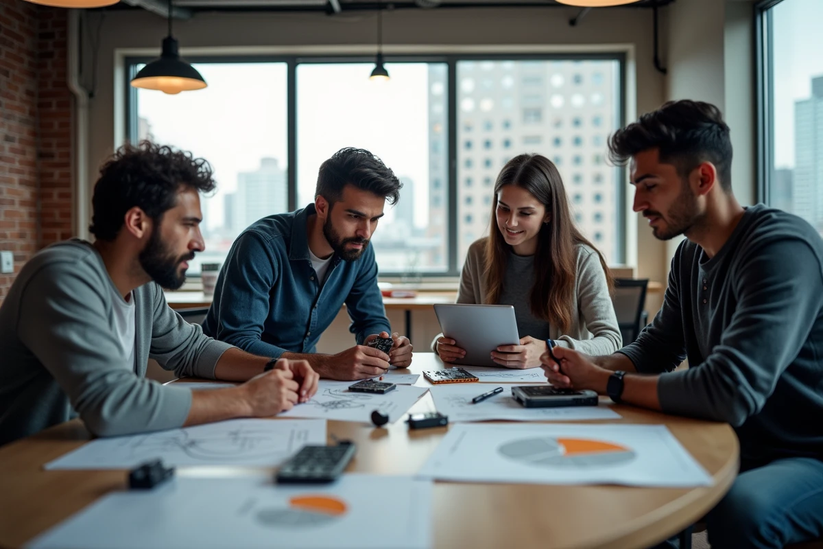 Équipe pluridisciplinaire collaborant autour de prototypes dans un espace de coworking technologique