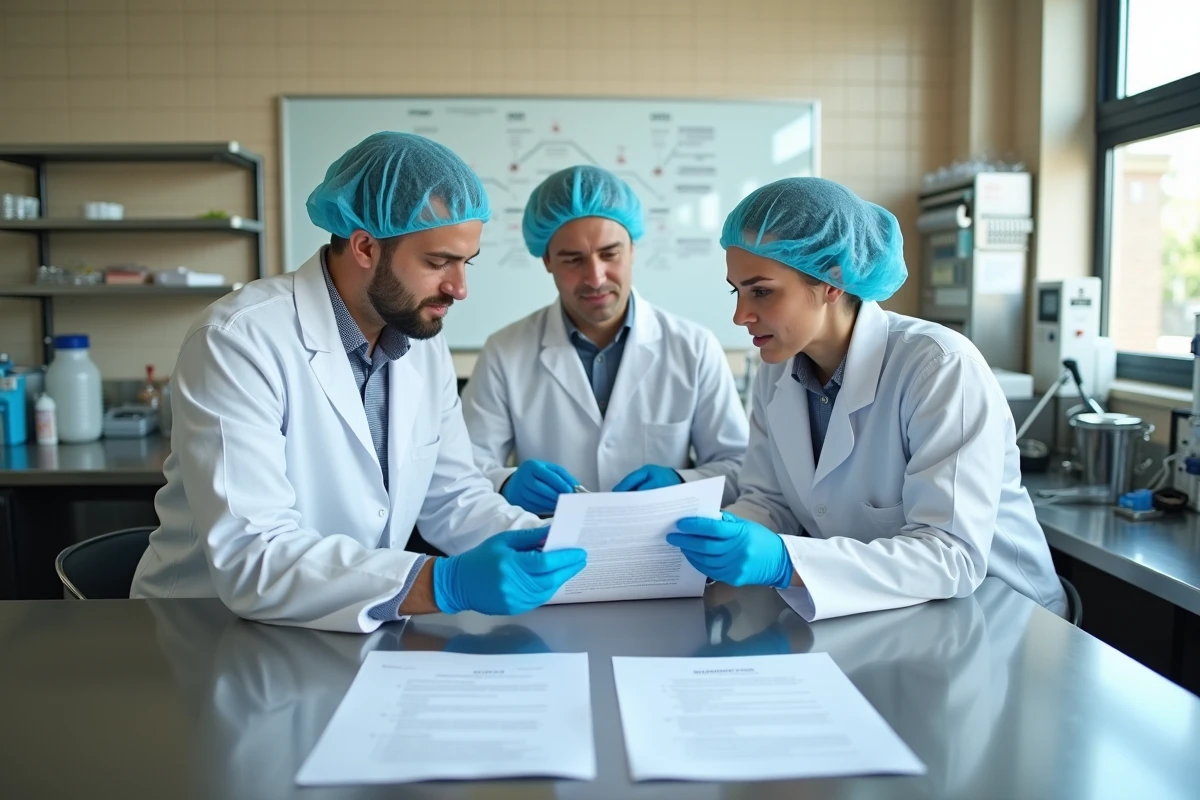 Équipe agroalimentaire examinant des documents HACCP dans un laboratoire de contrôle qualité ISO 22000