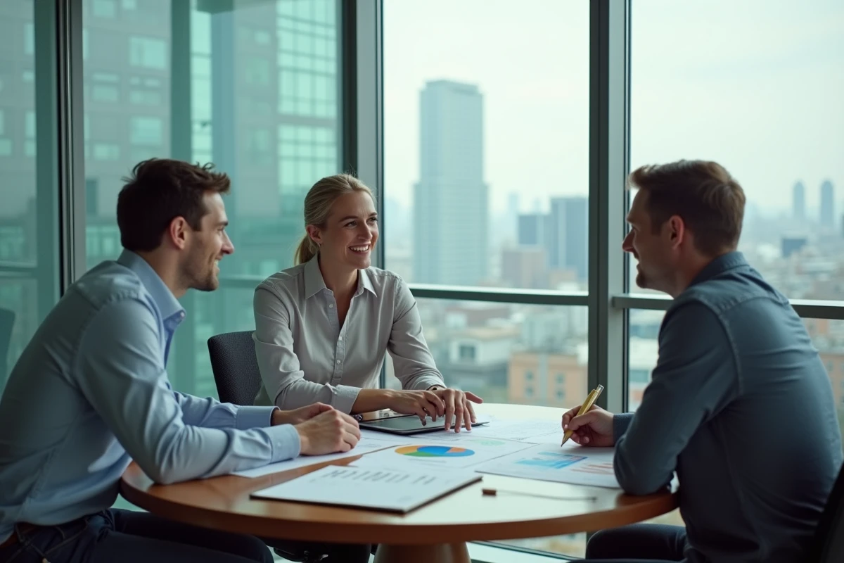 Équipe de professionnels discutant de critères d'innovation autour d'une table de réunion avec données imprimées