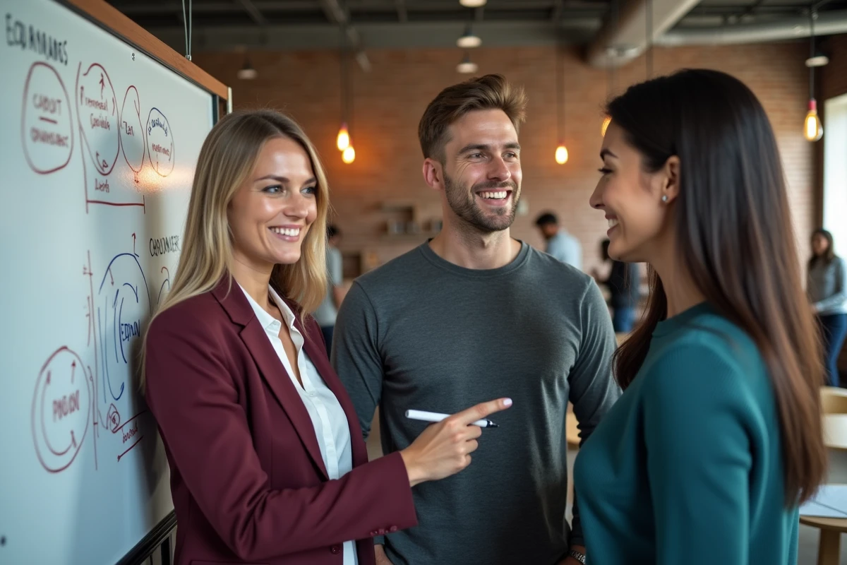 Équipe de professionnels discutant des sources de croissance économique devant un tableau blanc dans un espace de coworking