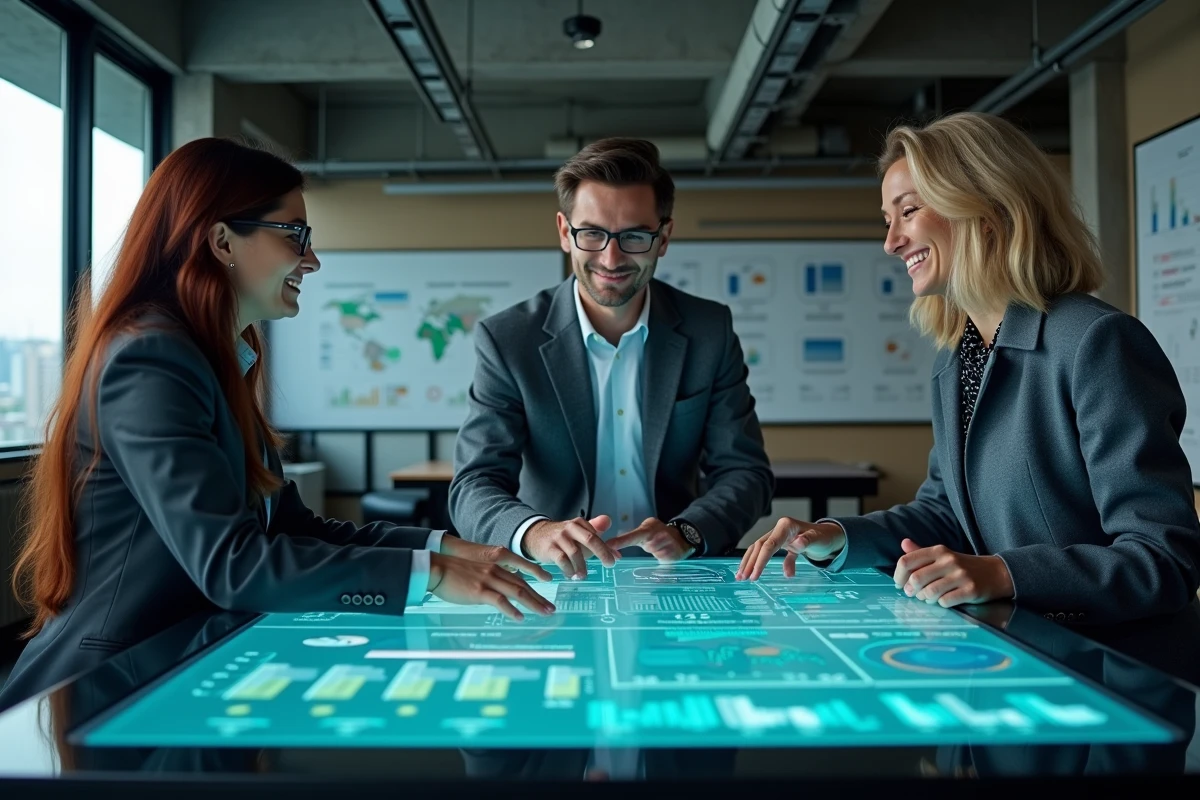 Équipe de professionnels de la fintech analysant des modèles financiers et des données IA sur un écran interactif dans un bureau moderne