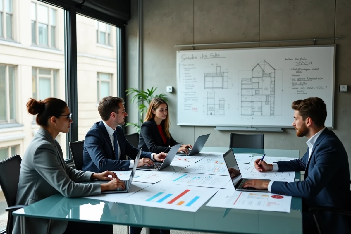 Équipe de professionnels immobiliers évaluant le portefeuille d'une SCPI autour d'une table de réunion moderne
