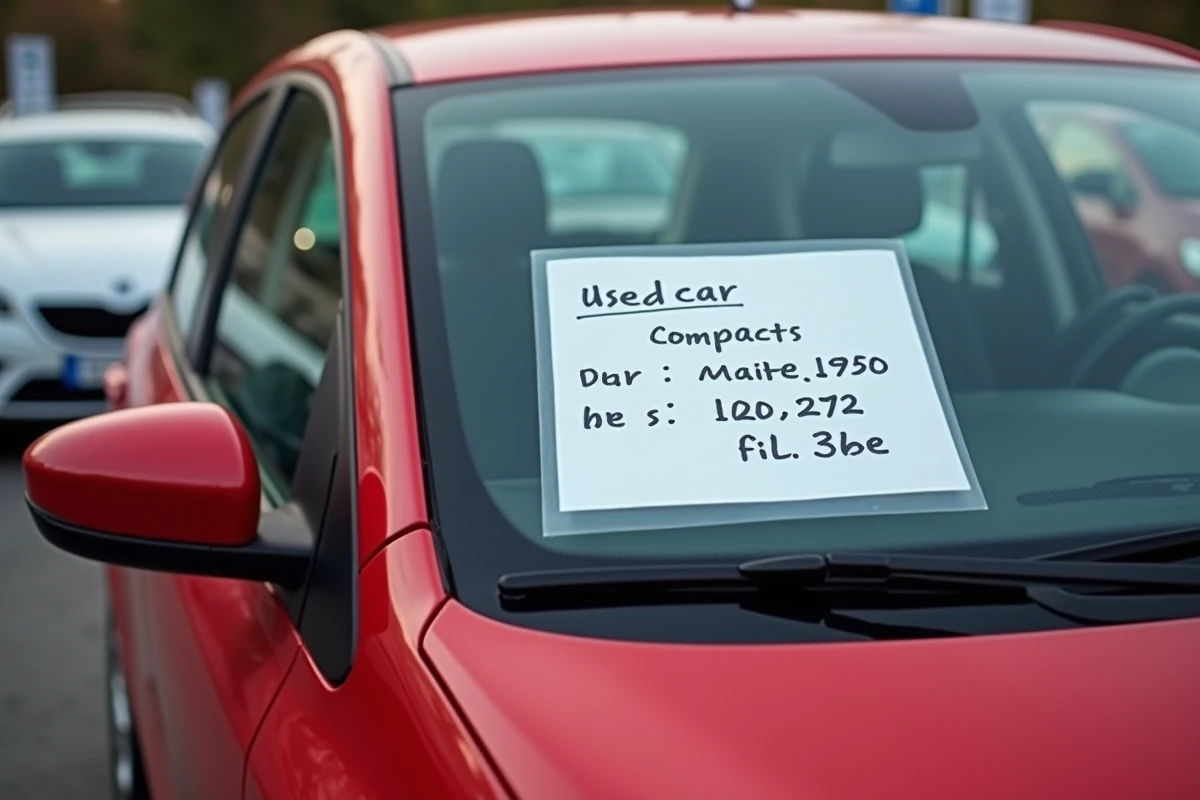 Étiquette de prix en euros collée sur le pare-brise d'une voiture d'occasion rouge dans un parc automobile