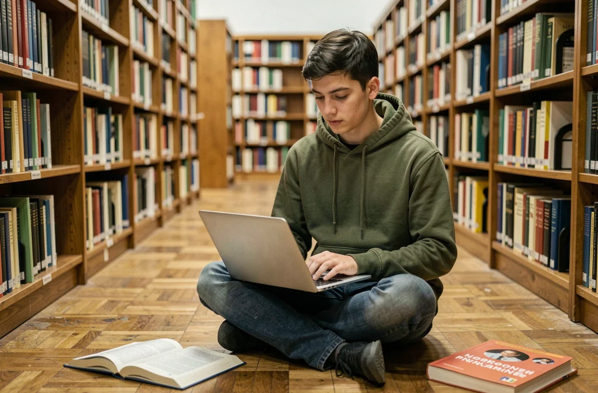 Étudiant consultant un manuel de grammaire française sur le participe passé dans une bibliothèque universitaire