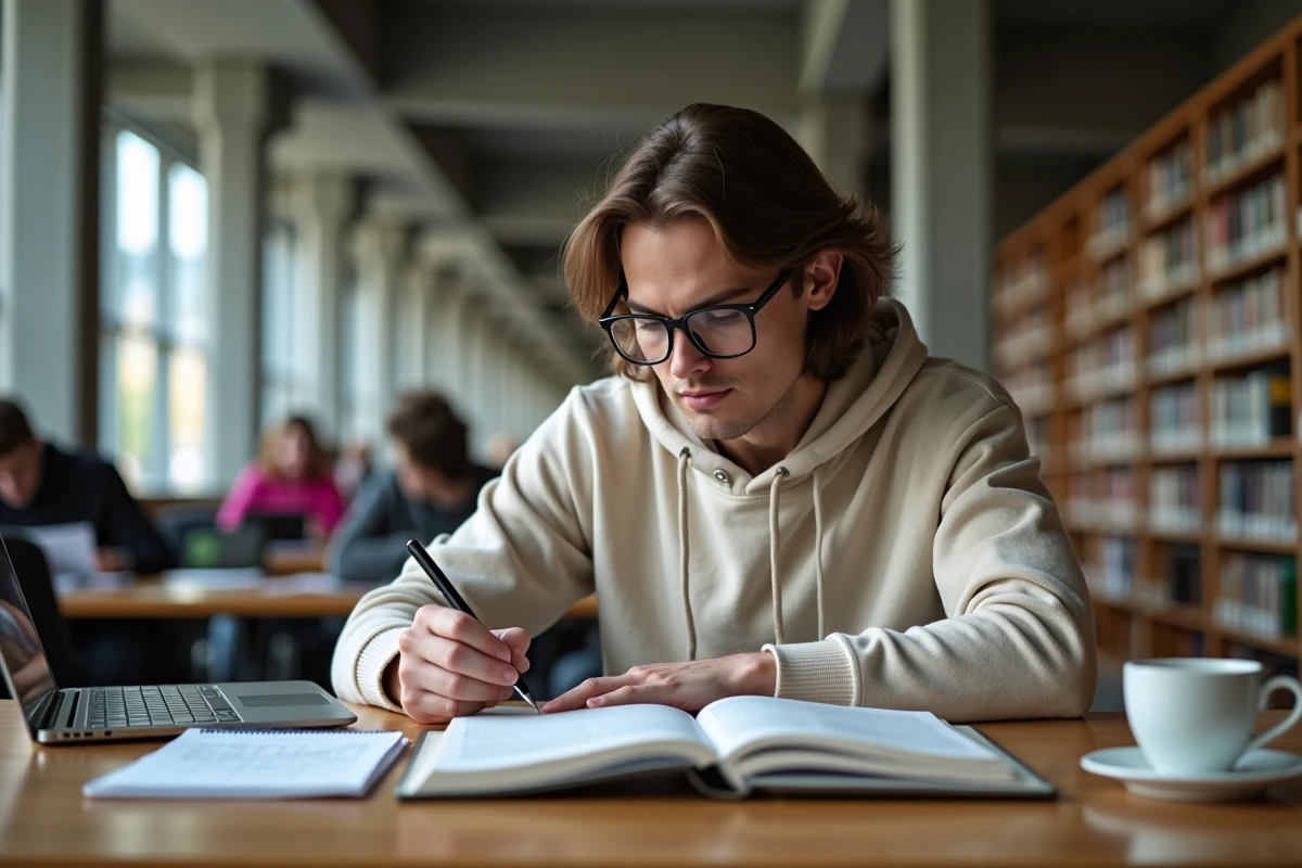 Étudiant universitaire étudiant la littératie financière dans une bibliothèque avec un manuel de finances personnelles, un ordinateur portable et des notes manuscrites