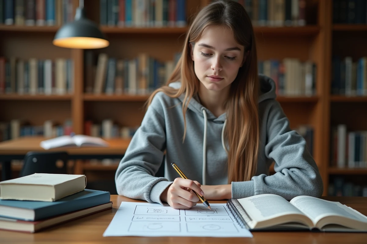 Étudiante prenant des notes sur les cinq pas didactiques dans une bibliothèque universitaire
