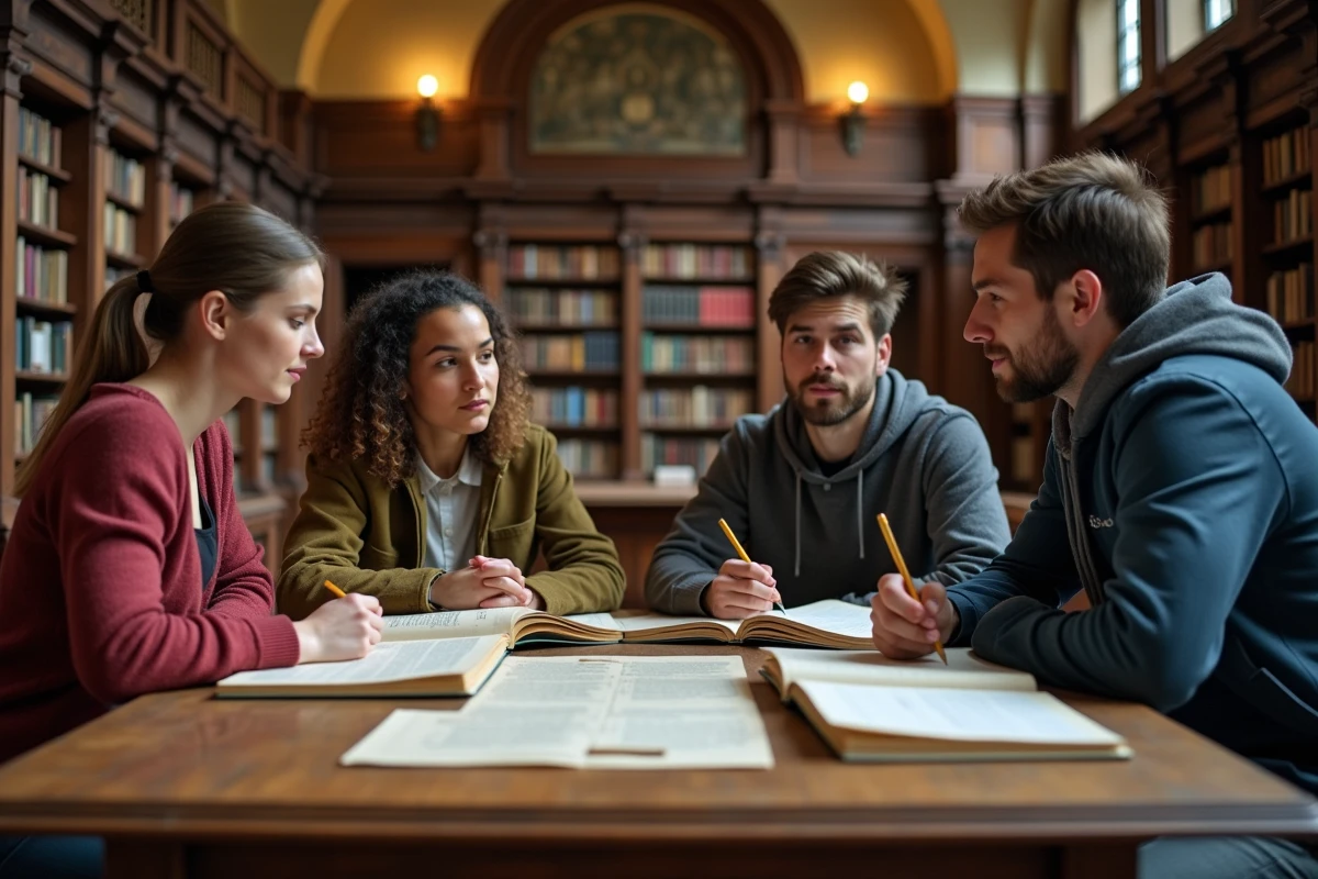 Étudiants en bibliothèque historique consultant des ouvrages sur les fondateurs de l'éducation moderne