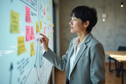 Femme analyste évaluant un projet innovant devant un tableau de post-its dans un bureau moderne