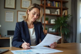 Femme consultant un document de vente immobilière pour comprendre les conditions d'exonération de plus-value