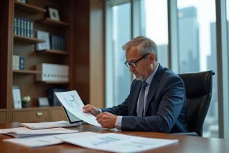 Expert financier analysant la valeur d'une SCPI avec des documents immobiliers sur un bureau en chêne dans un bureau corporate