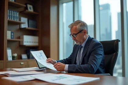 Expert financier analysant la valeur d'une SCPI avec des documents immobiliers sur un bureau en chêne dans un bureau corporate
