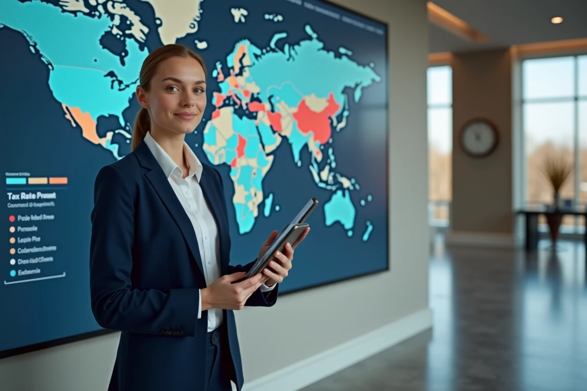 Experte en fiscalité internationale présentant une carte mondiale des taux d'imposition lors d'une conférence professionnelle