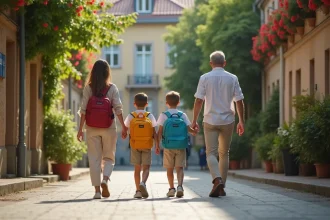 Famille expatriée avec enfants marchant dans une rue résidentielle européenne verdoyante