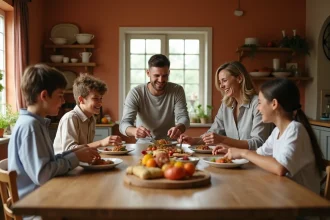 Famille recomposée réunie autour d'un repas convivial dans une cuisine chaleureuse, parents et enfants d'âges différents partagent un moment de complicité