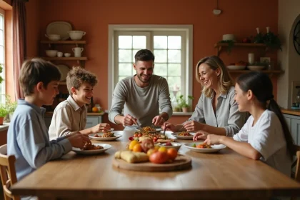 Famille recomposée réunie autour d'un repas convivial dans une cuisine chaleureuse, parents et enfants d'âges différents partagent un moment de complicité