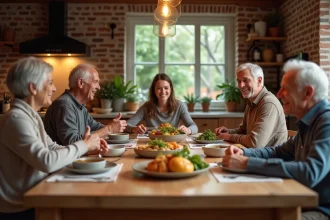 Famille multigénérationnelle réunie autour d'un repas partagé, illustrant l'objectif de cohésion et de transmission familiale