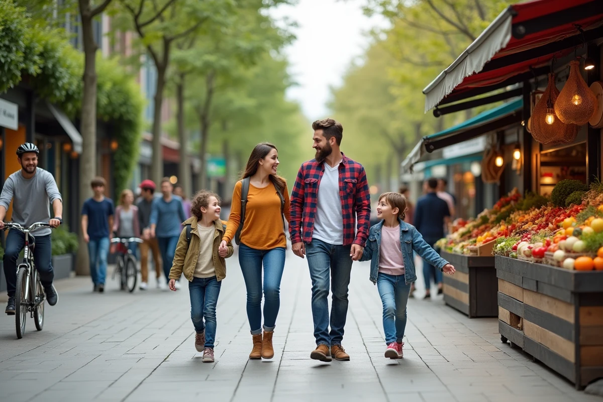 Famille se promenant dans une ville durable et moderne, illustrant les critères du meilleur endroit où vivre en 2026