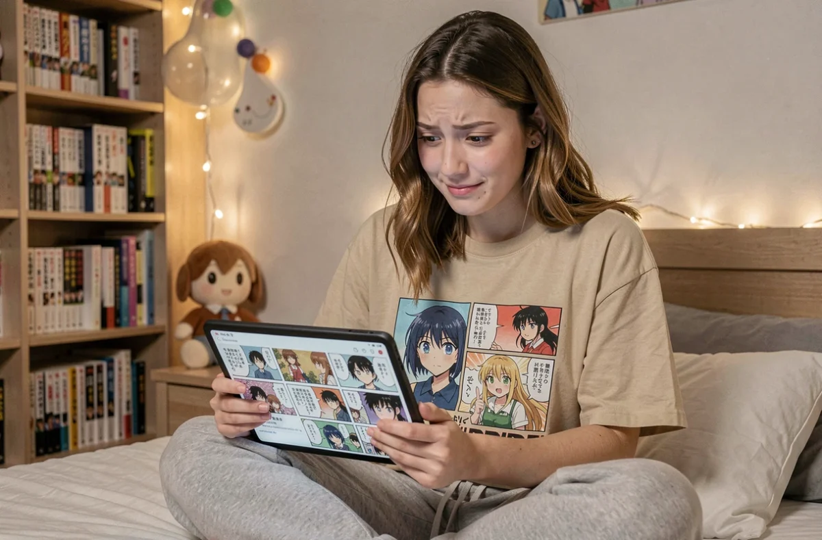 Jeune femme fan de manga parcourant les réactions de la communauté au scan 286 de One Punch Man sur sa tablette dans sa chambre