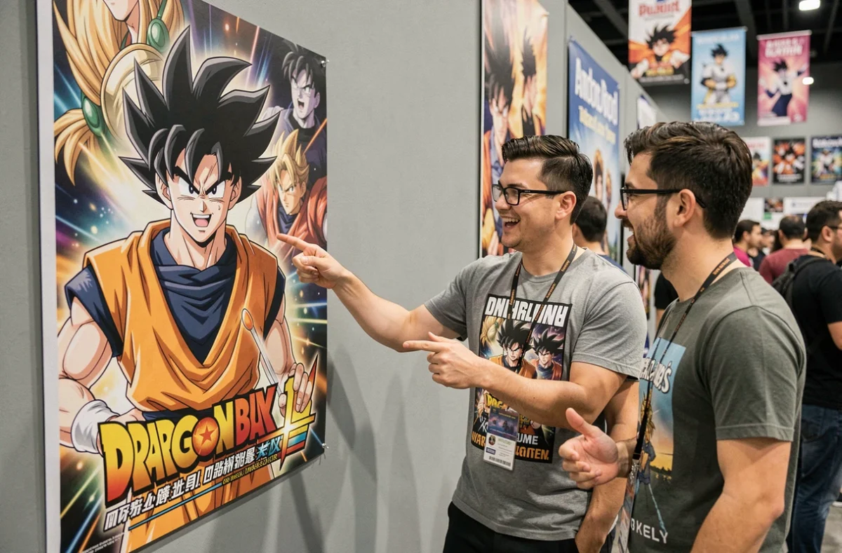 Fans de Dragon Ball Super discutant devant un poster d'Androïde 17 lors d'une exposition culturelle