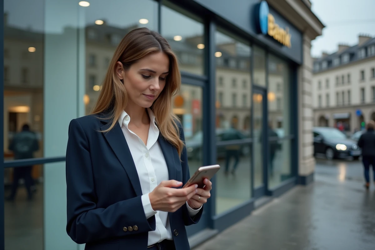 Femme devant une agence bancaire consultant son application mobile, évoquant la gestion des épargnes face aux politiques financières de l'État