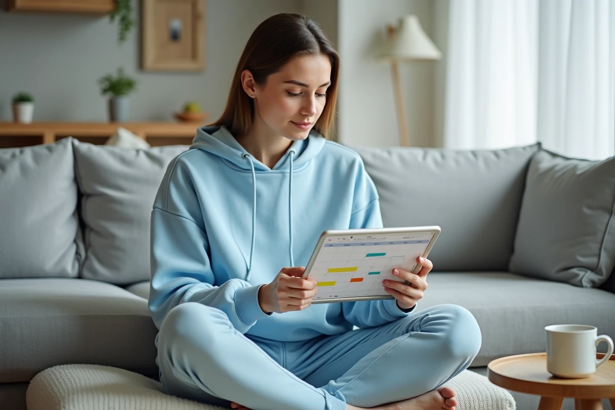 Jeune femme assise sur un canapé utilisant une application de planning gratuite sur une tablette numérique