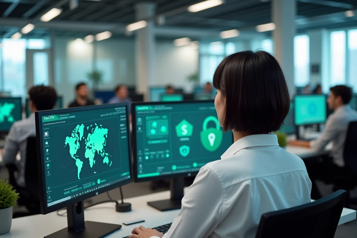 Femme en bureau vérifiant un VPN et les résultats d'analyse antivirus sur deux écrans