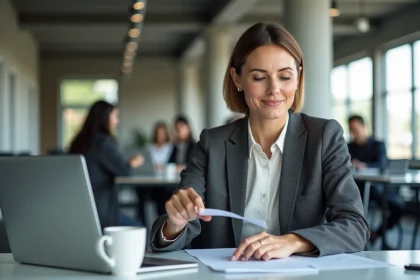 Femme cadre professionnelle en blazer au bureau, illustrant les métiers bien rémunérés à 50 euros de l'heure