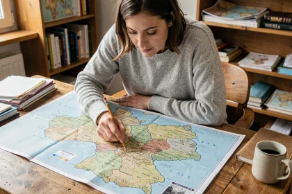 Femme étudiant une carte détaillée de l'Allemagne avec les Länder sur une table en bois dans un bureau à domicile