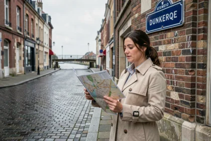 Femme consultant un plan de rue à Dunkerque devant une plaque de rue typique du quartier historique