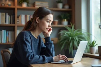 Femme utilisant ChatGPT sur un ordinateur portable pour tester des traductions en plusieurs langues dans un bureau à domicile moderne