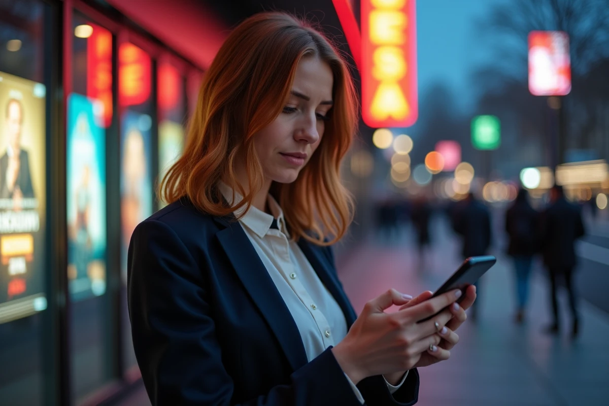 Femme devant un cinéma multiplex consultant les avis spectateurs sur son téléphone, ticket de cinéma à la main