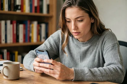 Femme jouant à CodyCross sur smartphone à son bureau, cherchant le mot de passe du jour