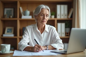 Femme consultant ses relevés de compte épargne et ses documents bancaires à son bureau à domicile