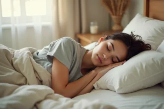 Femme adulte dormant paisiblement dans un lit blanc, illustrant le sommeil paradoxal et le repos nocturne