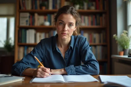 Femme étudiant les règles d'accord grammatical dans un bureau avec des livres de grammaire française